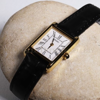SEIKO Ladies Watch Quartz White Dial Black Leather Rectangle Gold