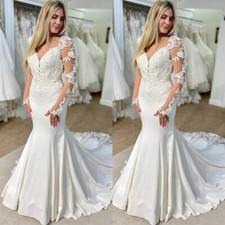 Mermaid Wedding Dresses Lace Long Sleeves V Neck Sweep Train Bridal Gowns Custom