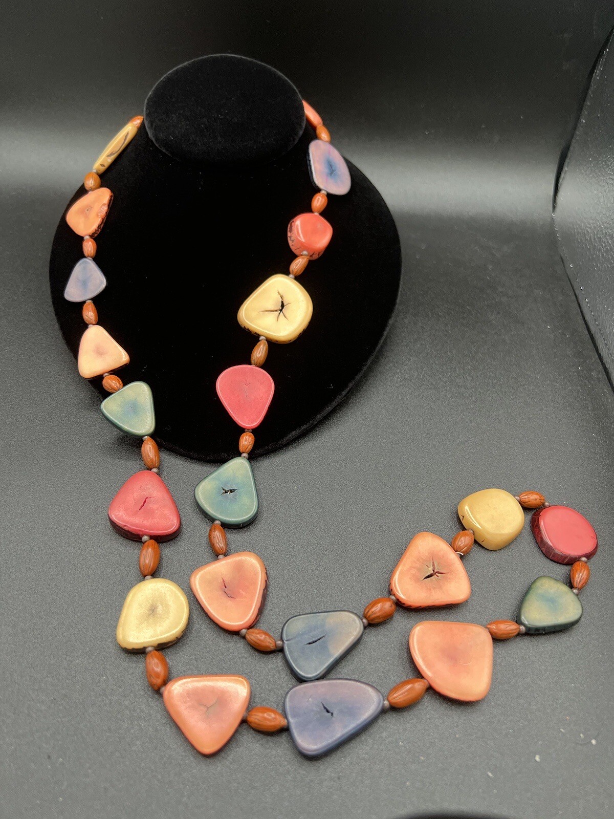 Multi Colored Flat Disc Long Beaded Necklace - image 1