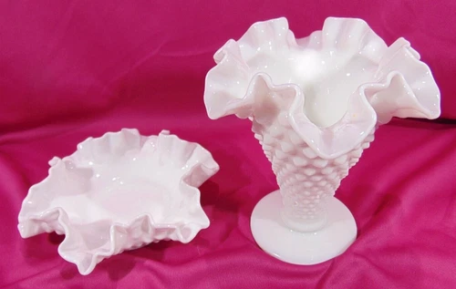 2 Pieces Vintage Fenton Milk Glass Hobnail Ruffled Crimped Vase & Bowl
