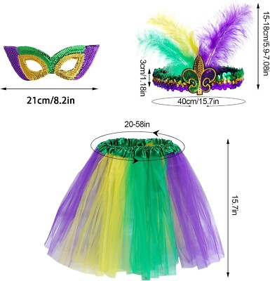 Mardi Gras Kostüm Set – Tutu-Rock, Federhaarreif, Maske & Perlenkette Für Damen Und Mädchen – Party-Deko Inklusive