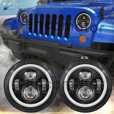 2x 7 Inch DRL LED Headlight Halo Angle Eyes Fit For Jeep Wrangler JK LJ TJ CJ JL