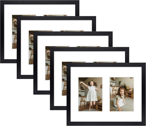 Elegant 5-Pack Black Wooden 11x14 Collage Frame with Glass Front & White Mat - Picture 3 of 9
