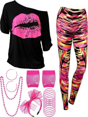 Blulu 80s Women Costume Set, T-shirt, Leggings,Gloves & Jewelry