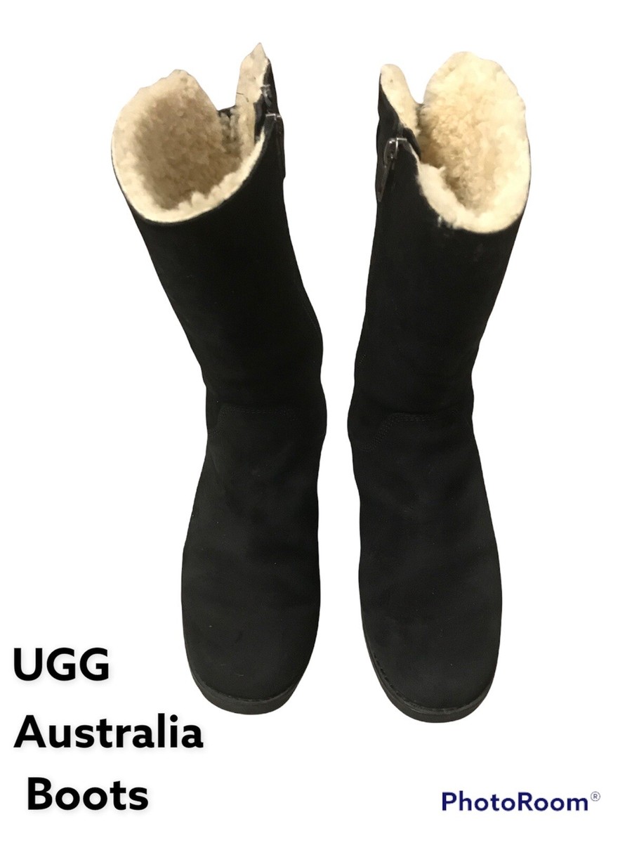 UGG Australia Womens F8010C Black Leather Sheepskin Zip Mid Calf Winter  Boots