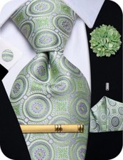 Silk Paisley Floral Tie and Pocket Squard Cufflinks with Lapel Pin Sage Green