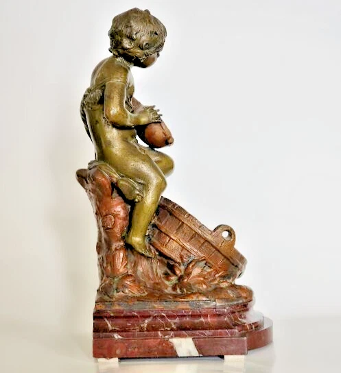 AUGUSTE MOREAU БРОНЗОВАЯ ЛЮТНЯ ИГРОК НА ВЕДРО ВОДЫ НА КРАСНЫЙ ИТАЛЬЯНСКИЙ МРАМОР! ПОДПИСАННЫЙ! - Изображение 2 из 4