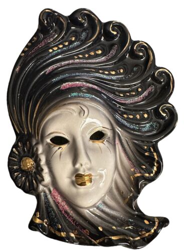 Mardi Gras Ceramic Wall Mask Venetian Moon Goddess In Black Gold & Glitter VTG