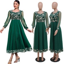 Dubai Turkey Women Embroidery Mesh Sleeve Long Dresses Abaya Muslim Kaftan Gown