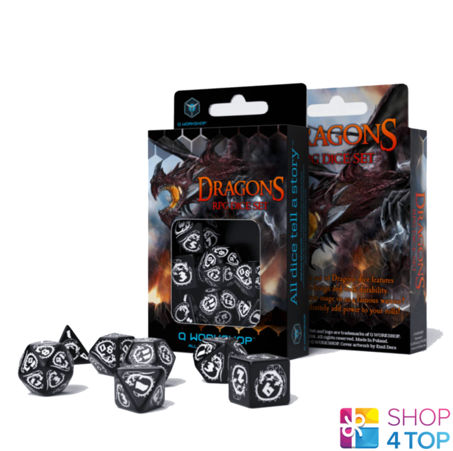DRAGONS RPG DICE SET BLACK AND WHITE ROLE PLAYING GAMES Q-WORKSHOP DND ROLL NEW