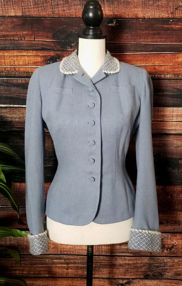 Blazer Towncliffe Pequeña Chaqueta Peplum Forrada Azul Mezcla Lana Borde De Colección Años 40 50 Foto 4 de 4