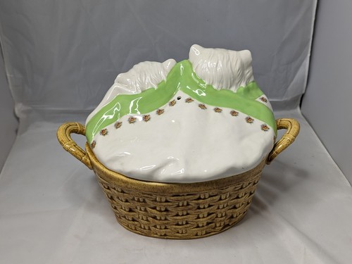 Vtg Ceramic Hand Painted Cats In Basket Covered Dish 10 x 14 - Picture 4 of 18