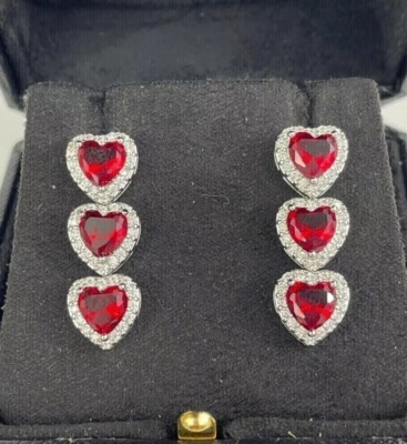 2 Ct Heart Cut Simulated Red Ruby Women's Drop Earrings In 14k White Gold Plated