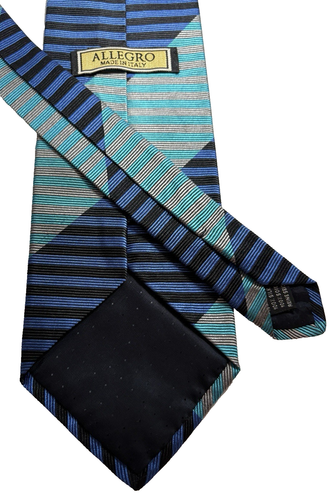 Allegro Brand Mens Italian 100% Silk Tie Horizontal Repp Stripes Blue Black Grey - Picture 3 of 7