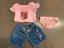 Build A Bear Outfit - Sequins Shirt - Floral Jean Shorts - Hello Kitty Panties