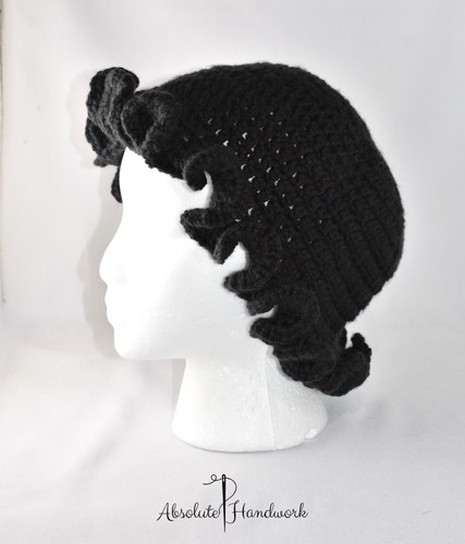 Handmade Women's Crochet Ruffle Brim Bucket Hat Cloche Cap Chemo Cap Black 22 in - Picture 3 of 6