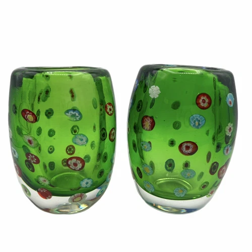 Vintage Murano Style Vases Millefiori Flowers Green Art Glass 4 3/4" Lot of 2