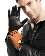 Man Block Color  Brown And Black Color Real Leather Motor Short Gloves