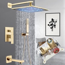 Gold Shower Faucet Set 3 Ways System Led 12 in Rainfall Head Combo Mixer Valve
