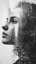 Double Exposure Woman Cityscape B&W Digital Art Download Printable Wall Art File