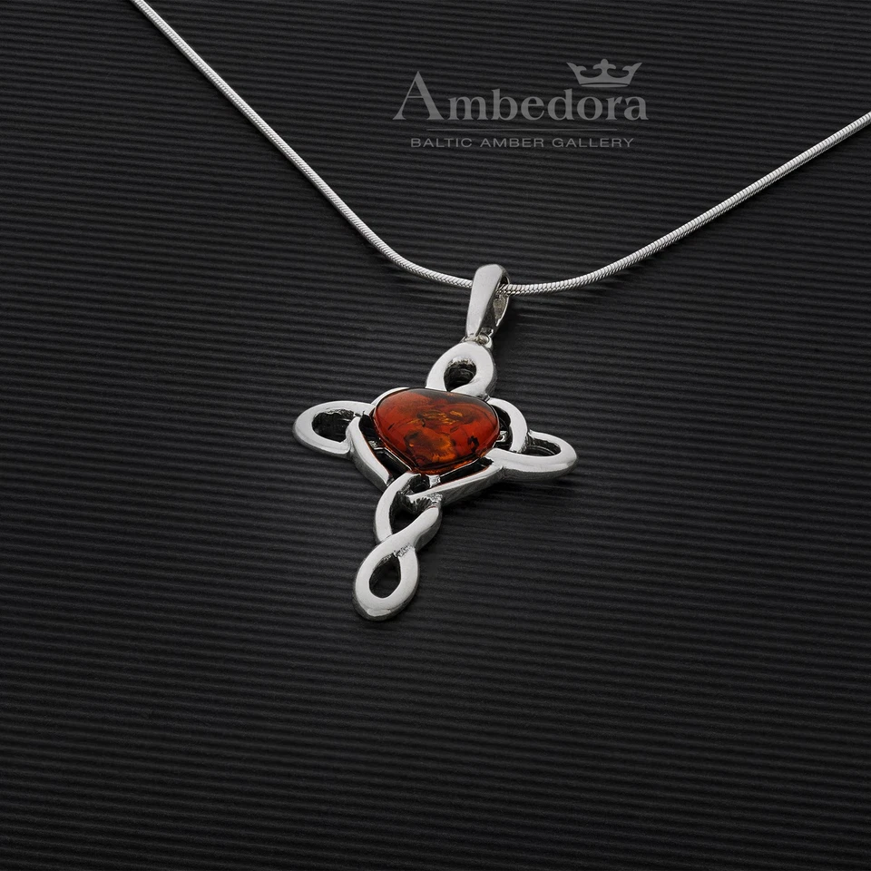 Silber Kreuz Halskette mit Bernstein Herz in Cognac Farbe - Bild 3 von 4