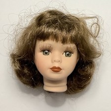 VTG Porcelain Flange Doll Head Parts For 8 Doll Brown Wig Green Eyes Eyelashes