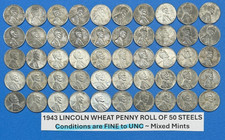 1943 STEEL Wheat Penny Roll Lot of 50 STEEL PENNIES ~ ALL FINE to UNCIRCULATED