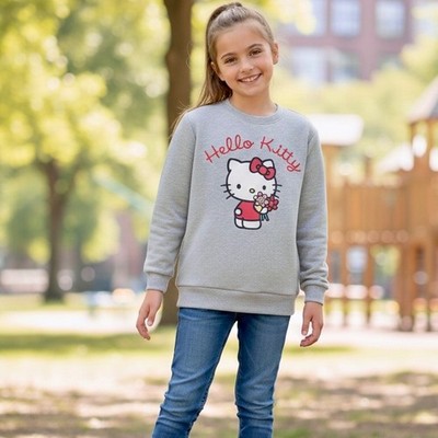 Hello Kitty Fleece Crewneck   Floral Bouquet Graphic, Embroidered Lettering