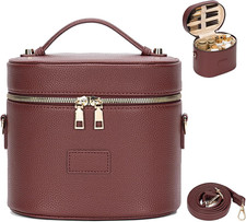 Leather Vanity Case Makeup Bag with Removable Divider, Washable Compartments, Du