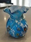 ArtGlass Murano style VTG Blue Millefiori Hand Blown Glass With Applied Bow Vase