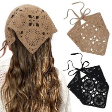 Floral Crochet Hair Bandanas Headscarf 2 PCS Women Hair Scarf Black brown