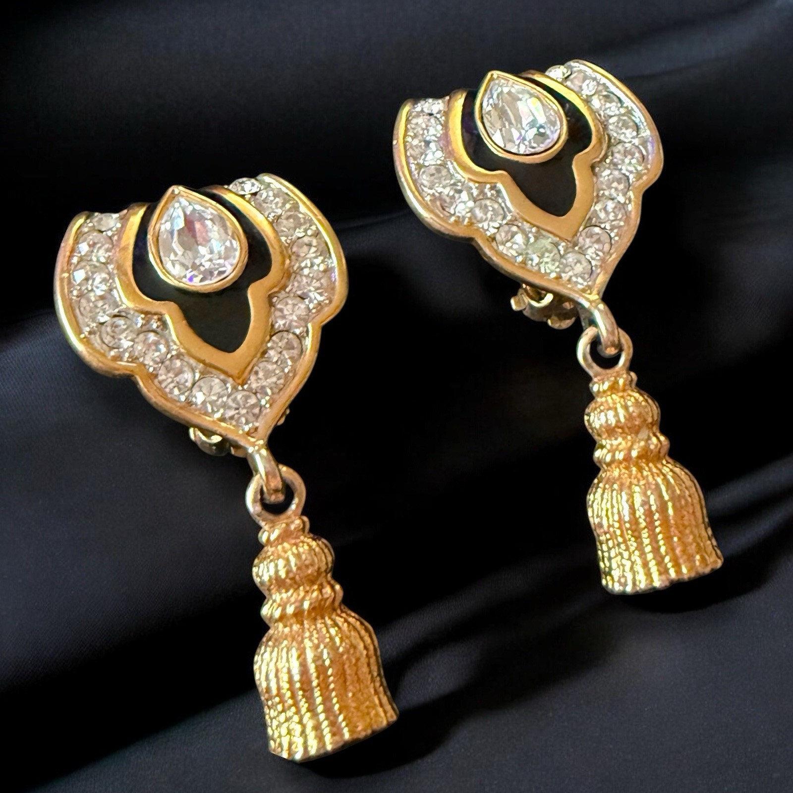 Large Clip On Earrings Rhinestone Tassel Dangle Gold Tone Black Enamel Vintage