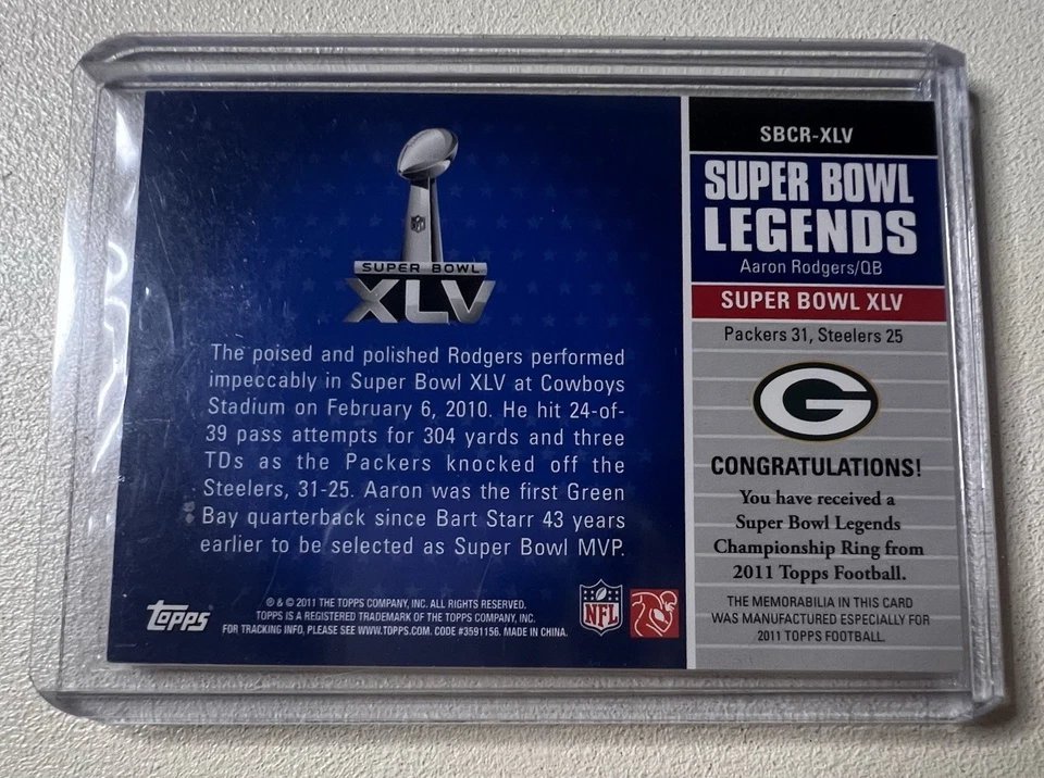 Aaron Rodgers 2011 raro Topps Super Bowl XLV Legends/137 Ring Packers Steelers Foto 2 de 2