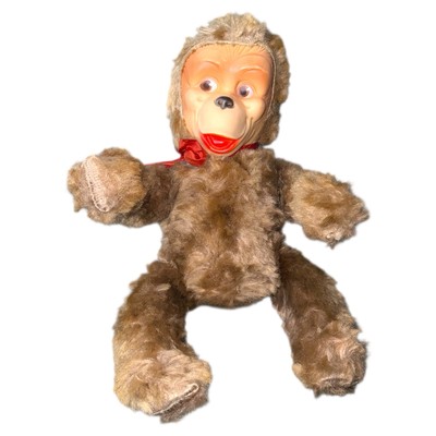 Vintage Rubber Face Monkey Chimp Plush Sitting 1950s Red Bow Poseable 12 Inches