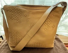 Authentic Vintage Bottega Veneta Intrecciato Beige Leather Crossbody Bag