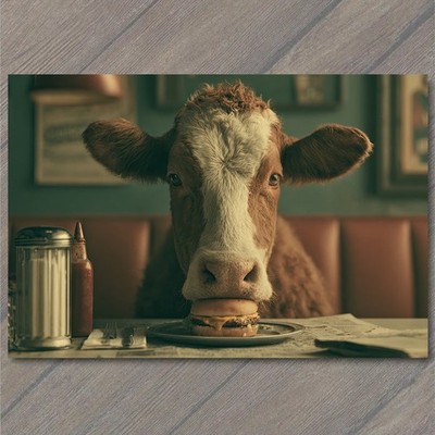 ART PRINT Cow Burger Diner Booth Funny Humor Animal Cheeseburger Kett