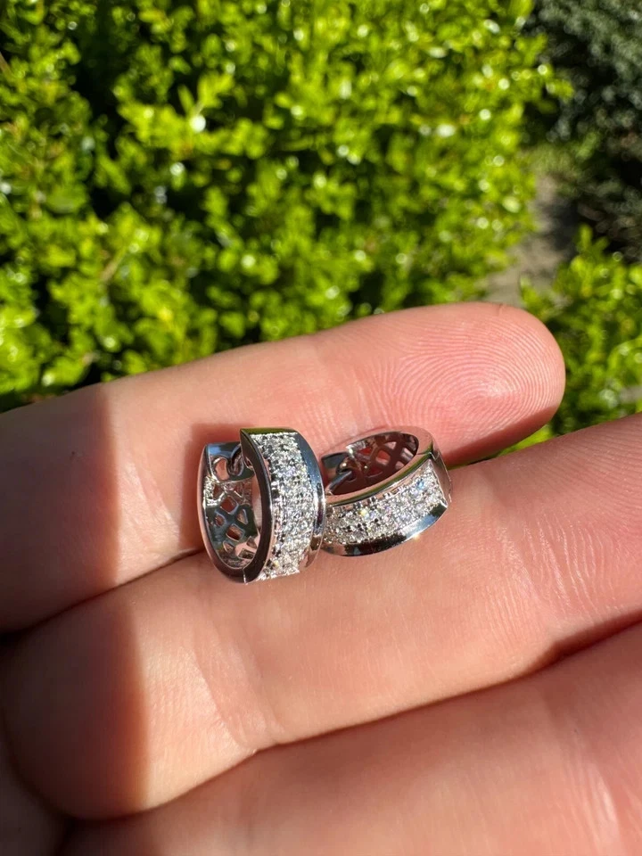 2TCW Moissanite Hoop  Huggie Hoop Earrings 12mm Mens Women Solid 14k White Gold - Image 2 of 4