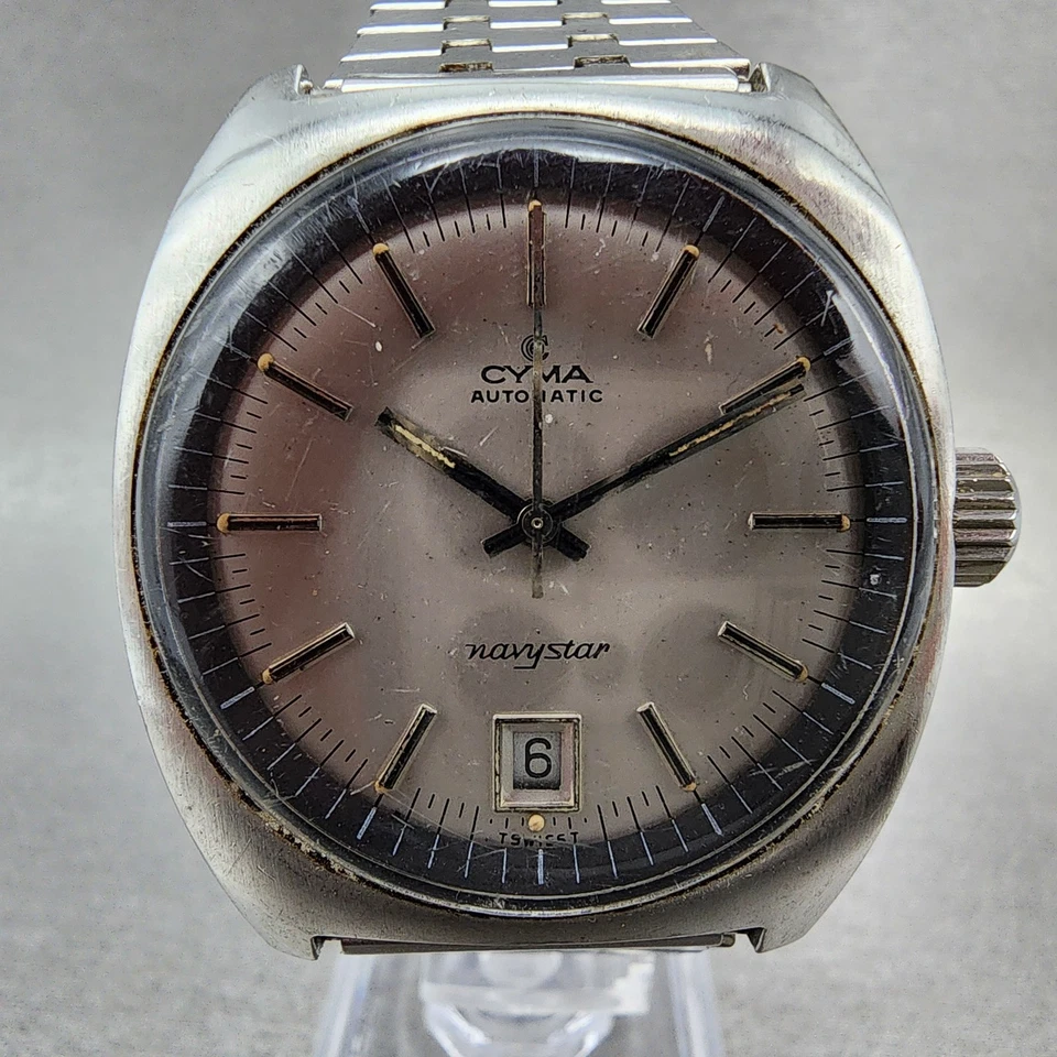 Reloj Cyma NavyStar Hombre 36mm Esfera Gris Tono Plateado Fecha Redondo Automático Funciona Foto 2 de 4