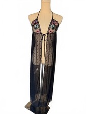 Savage X Fenty Black Sheer Polka Dot Mesh Maxi Lingerie Dress Floral Embroidered