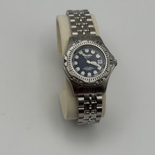 Vintage NOS Gruen Steel Quartz Watch Blue Dial Date Silver Tone Bracelet