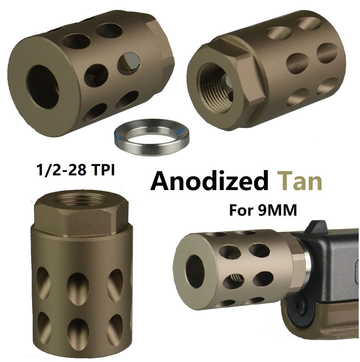Tan 1/2x28 TPI Al 6082 T6 Slant Port Muzzle Brake Compensator Fits