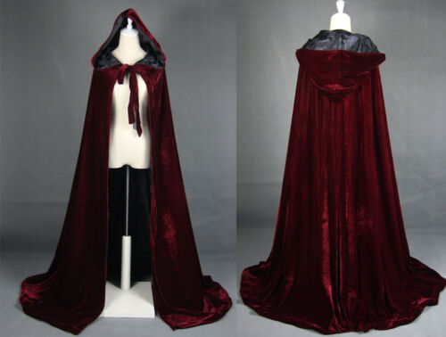 Velvet Hot Hooded Cloak Long Cape with Hood Masquerade Halloween Costume Capes - Picture 3 of 25
