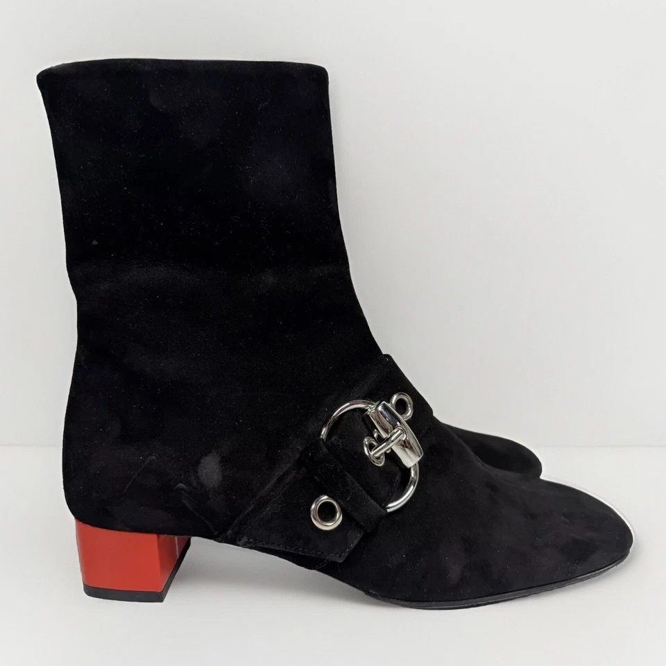 Gucci Botas Cortas Mod Gogo Negro Gamuza Hebilla Rojo Tacón Bajo Botín 7 B Foto 4 de 4