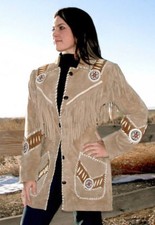 Women Antique Cow Lady Beige Sweden Leather Coat Fringes & Beads Jacket Xs-4xl