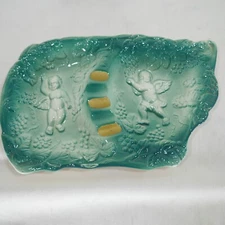 Vintage Double Wide Cigar Ashtray / Ceramic Green Cherubs Renaissance Angels