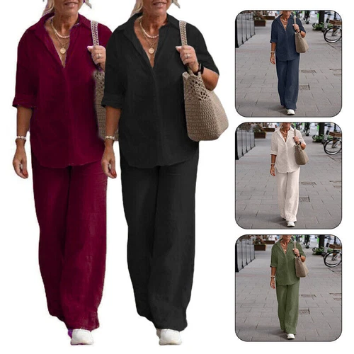 Women's Cotton Linen Suit Sleeve Shirt Long Loose Pants Set Female Casual Sets - Picture 2 of 26
