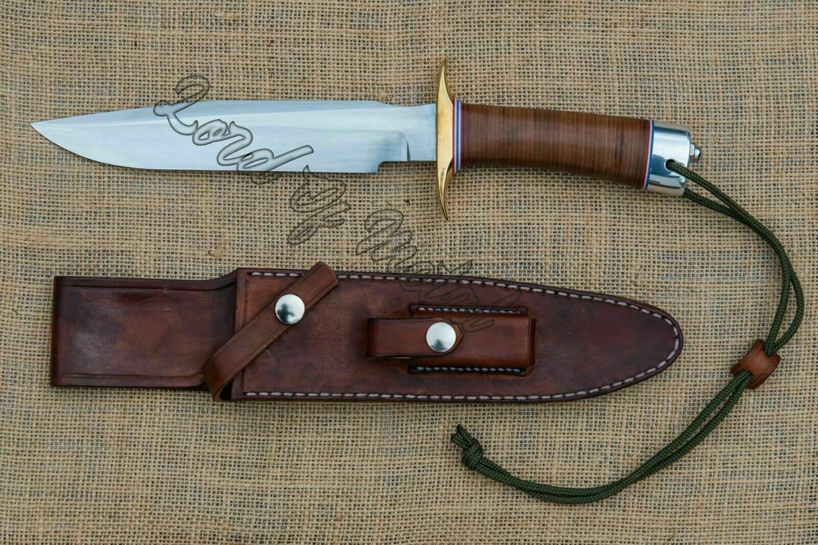 LOM HANDMADE D-2 STEEL GORGEOUS STACKED LEATHER HUNTING BOWIE KNIFE WITH SHEATH