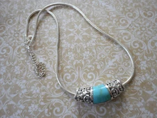 Oxidized Sterling Silver Reversible Turquoise Slide Pendant Chain Necklace RE31M
