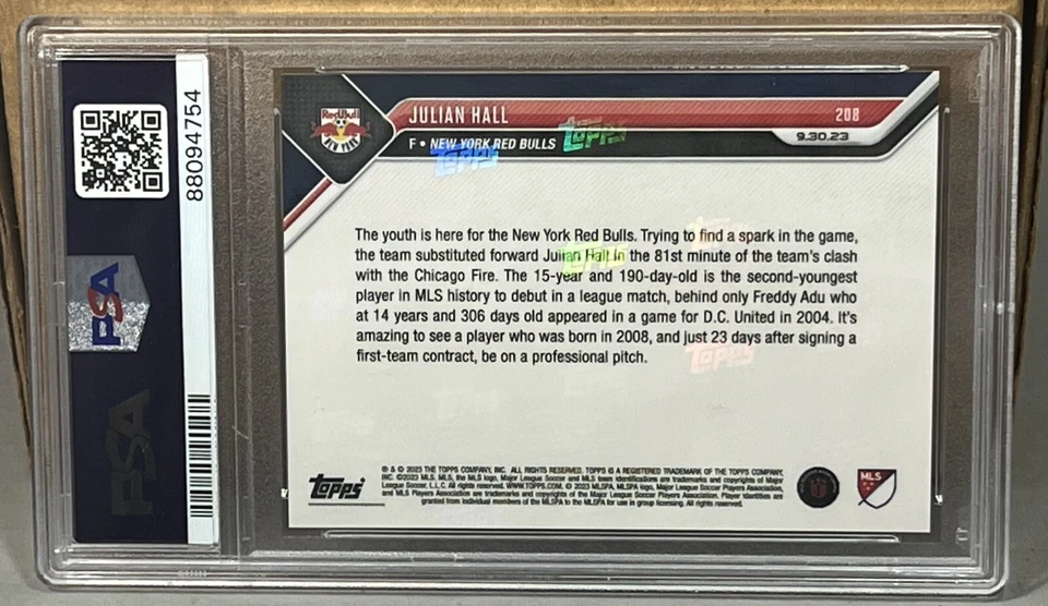 2023 TOPPS NOW MLS #208 JULIAN HALL PSA 10 GEM MINT NEW YORK RED BULLS Call-Up - Image 2 of 2