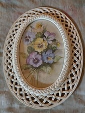 Homco Vintage Pansy Print autorstwa Fran Anderson z białą kratą Owalna rama Ładna! 🏵️
